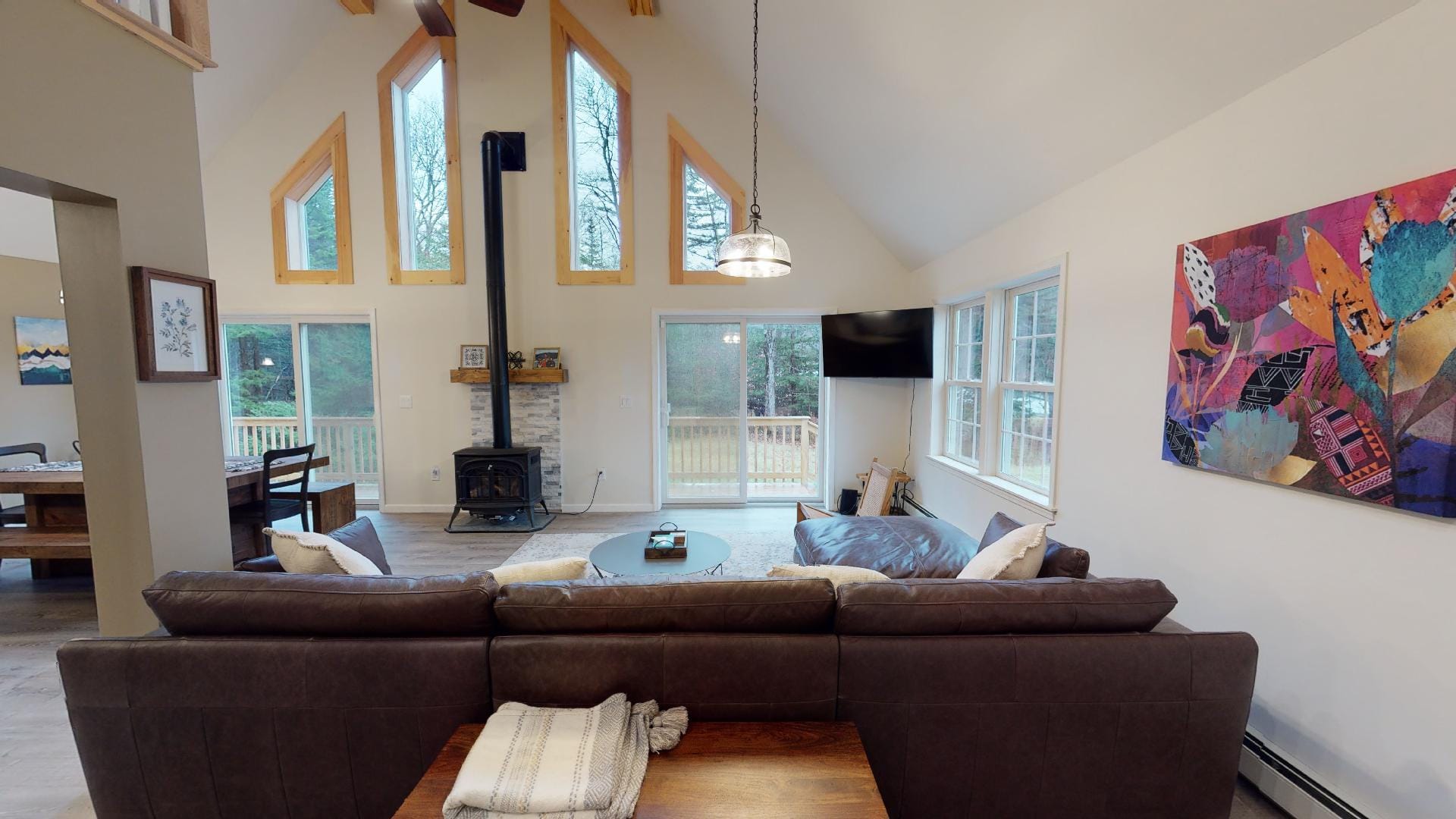 Bright living room with fireplace.