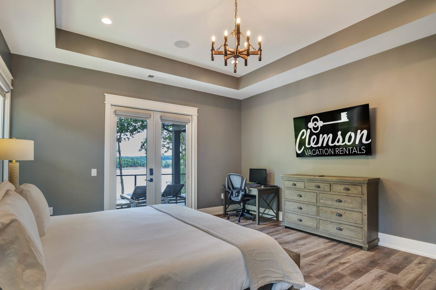 Modern bedroom with lake view.