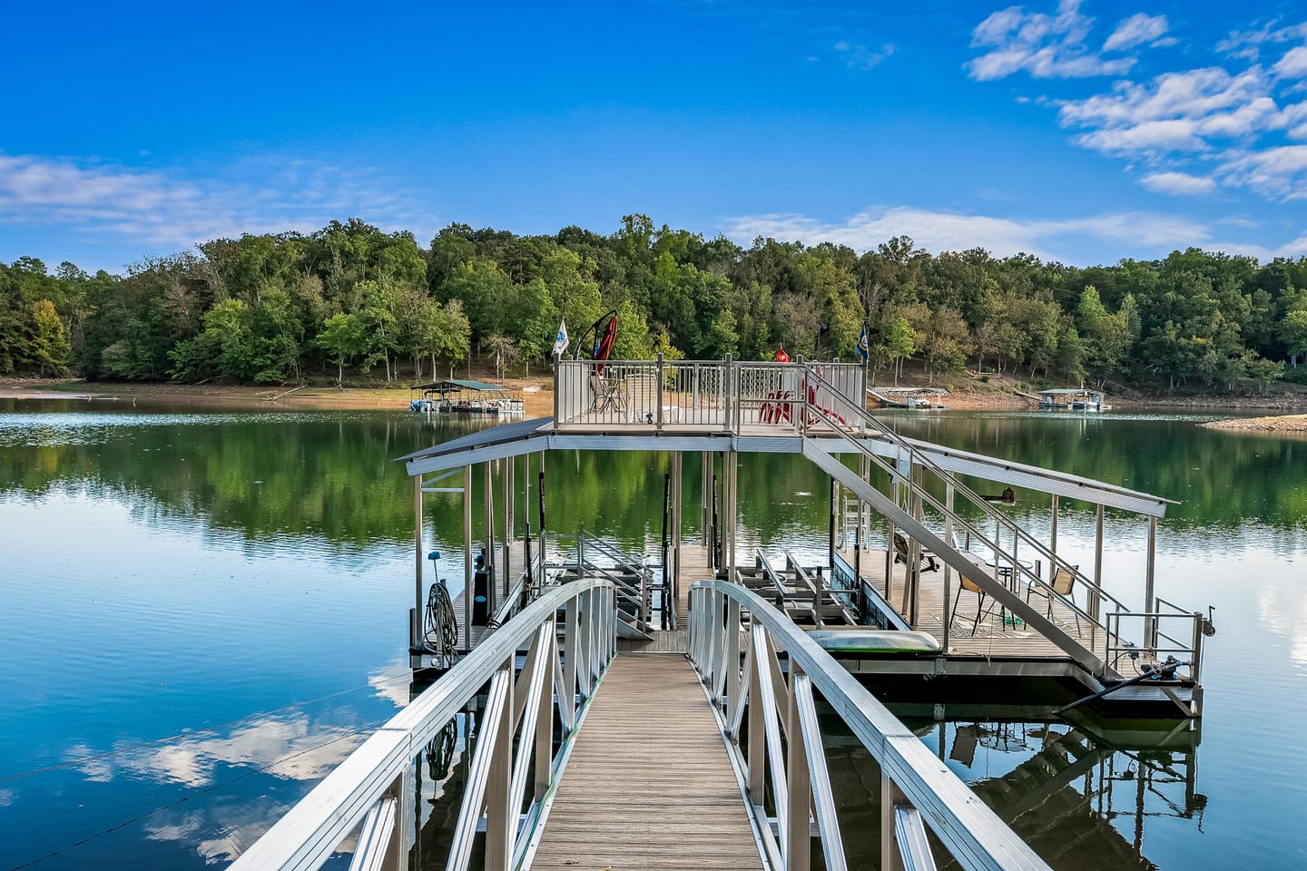 Dock extending into calm lake.