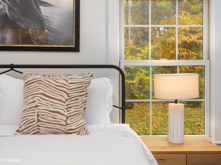 Bed with zebra pillow, lamp.