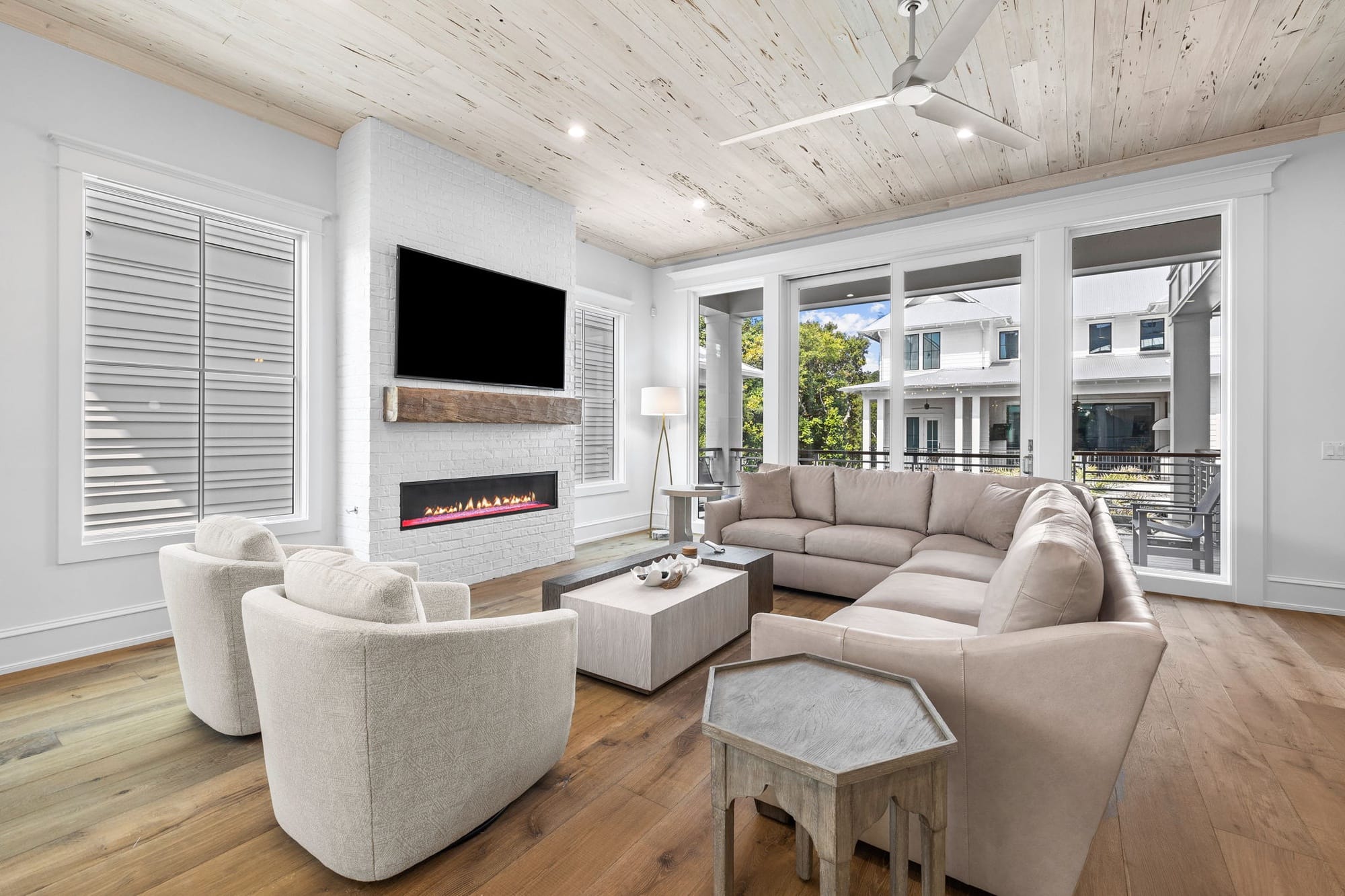 Modern living room with fireplace.