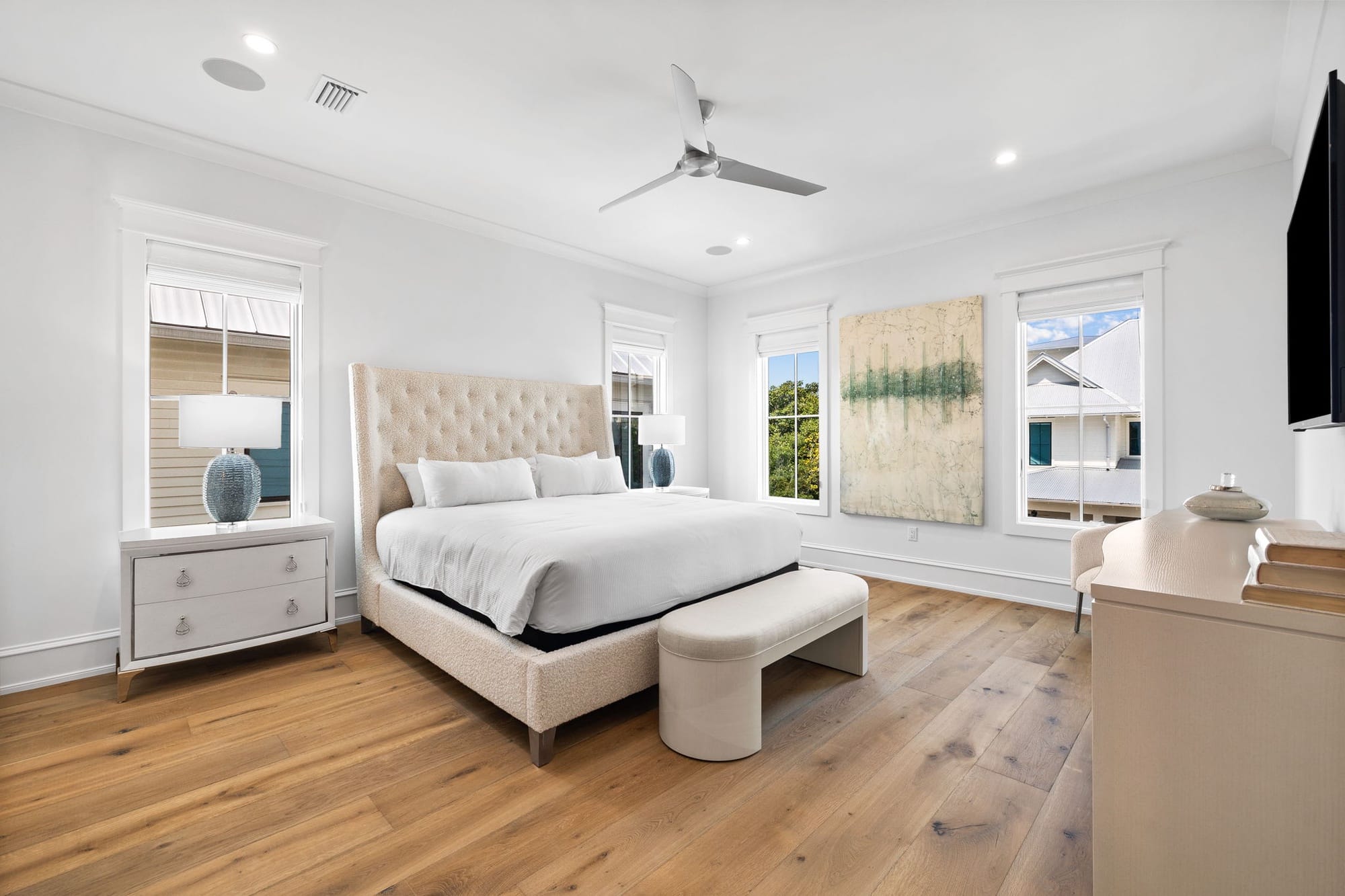 Modern bedroom with large bed.