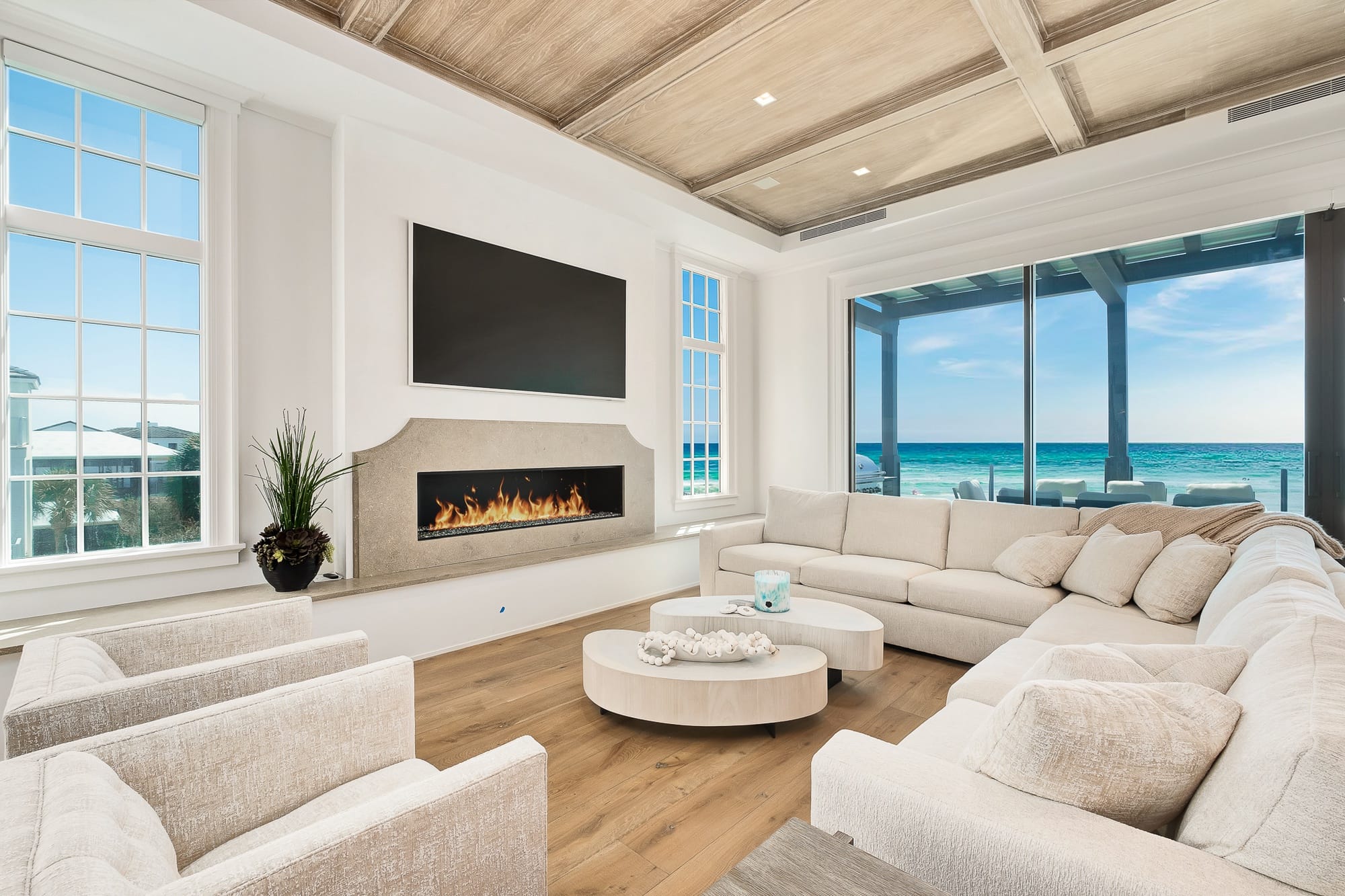 Modern living room with ocean view.