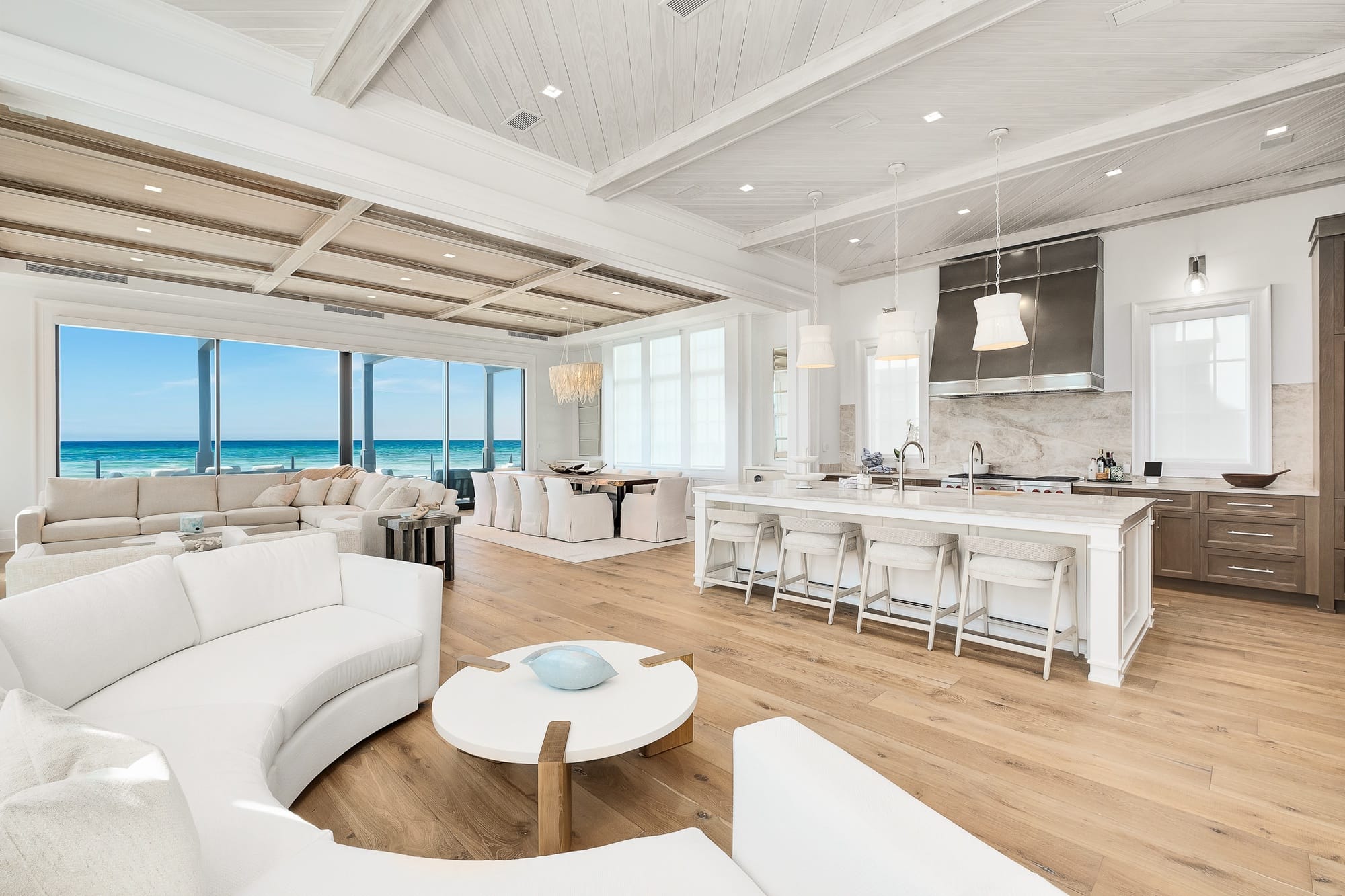 Open-plan beachfront living and kitchen.