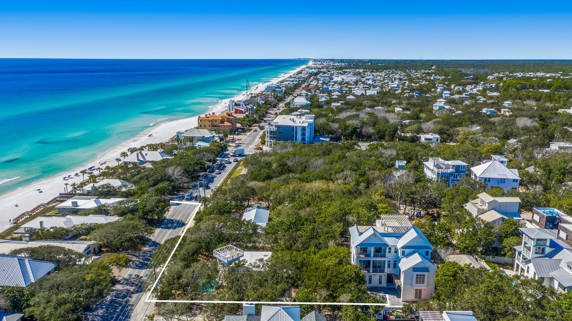 Coastal town with beach view.