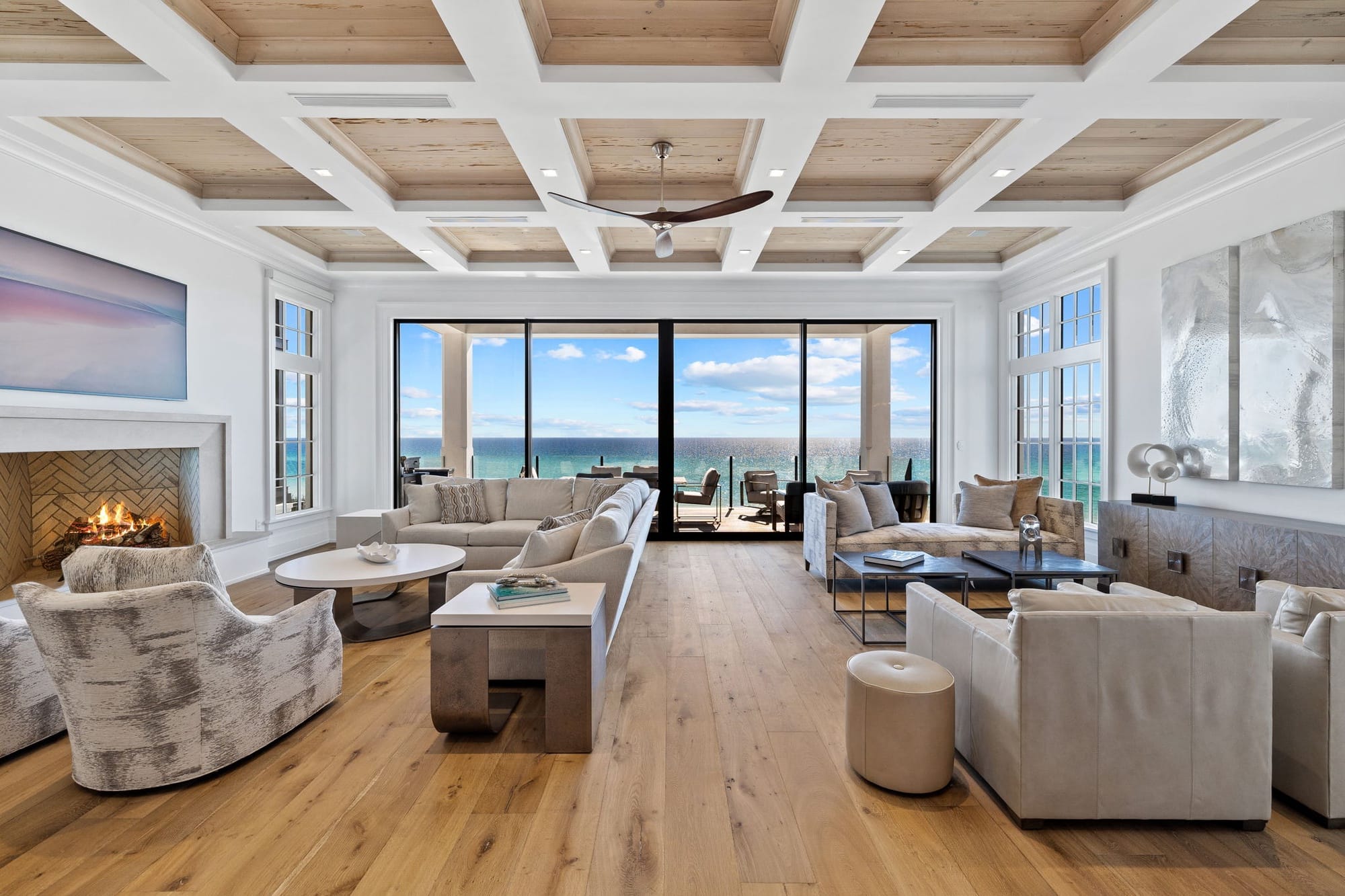 Modern living room with ocean view.