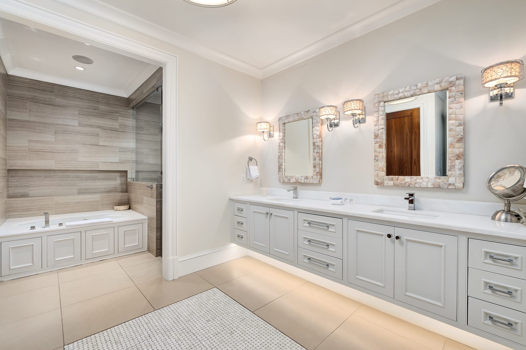 Modern bathroom with double vanity.