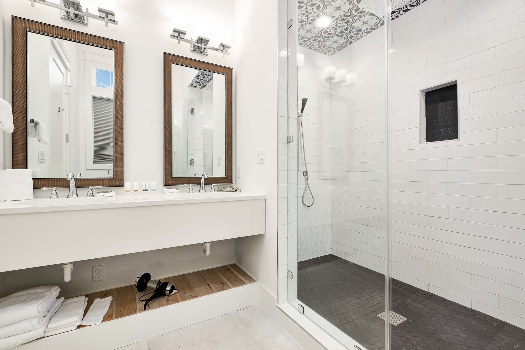 Modern bathroom with double vanity.