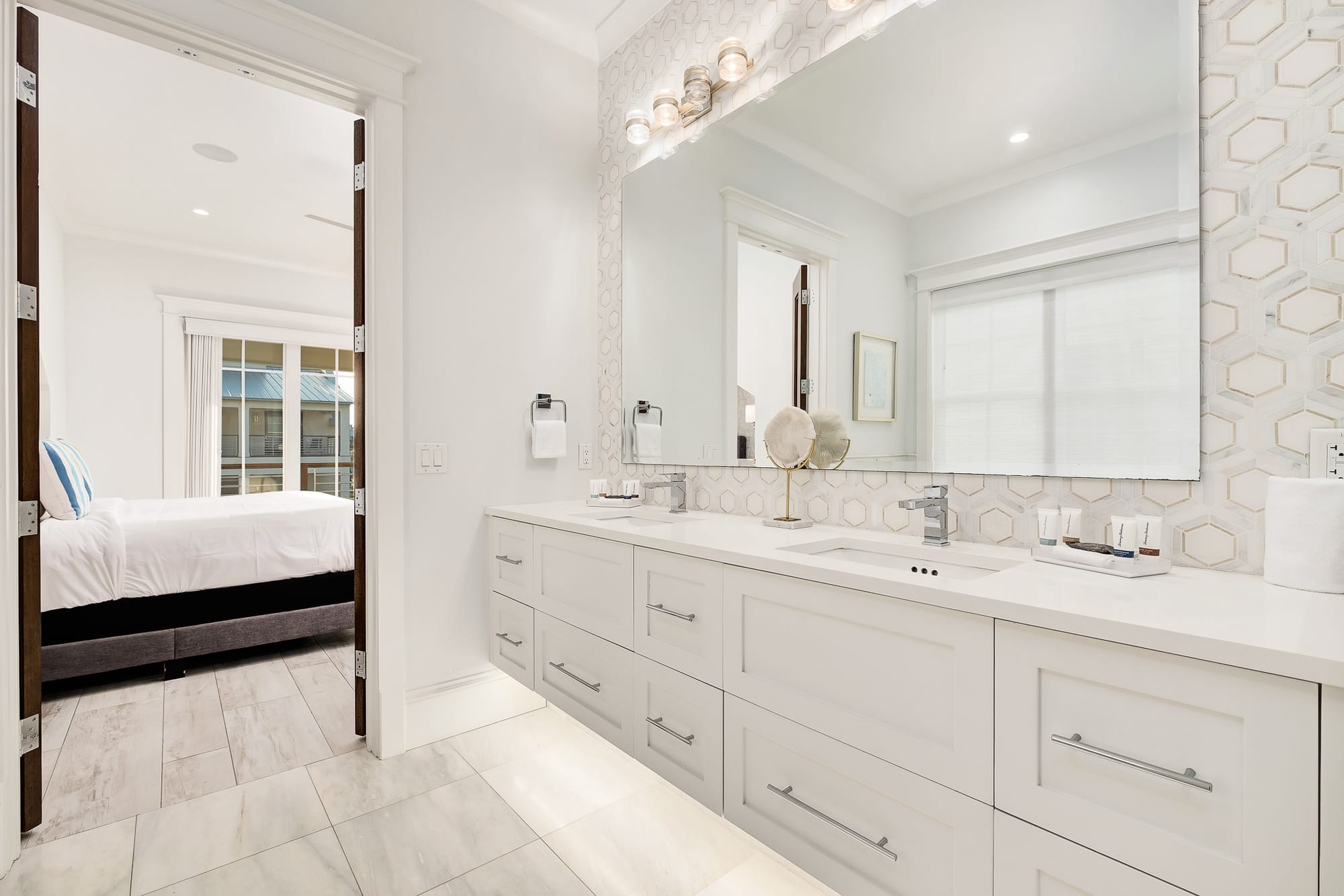 Modern bathroom with double vanity.