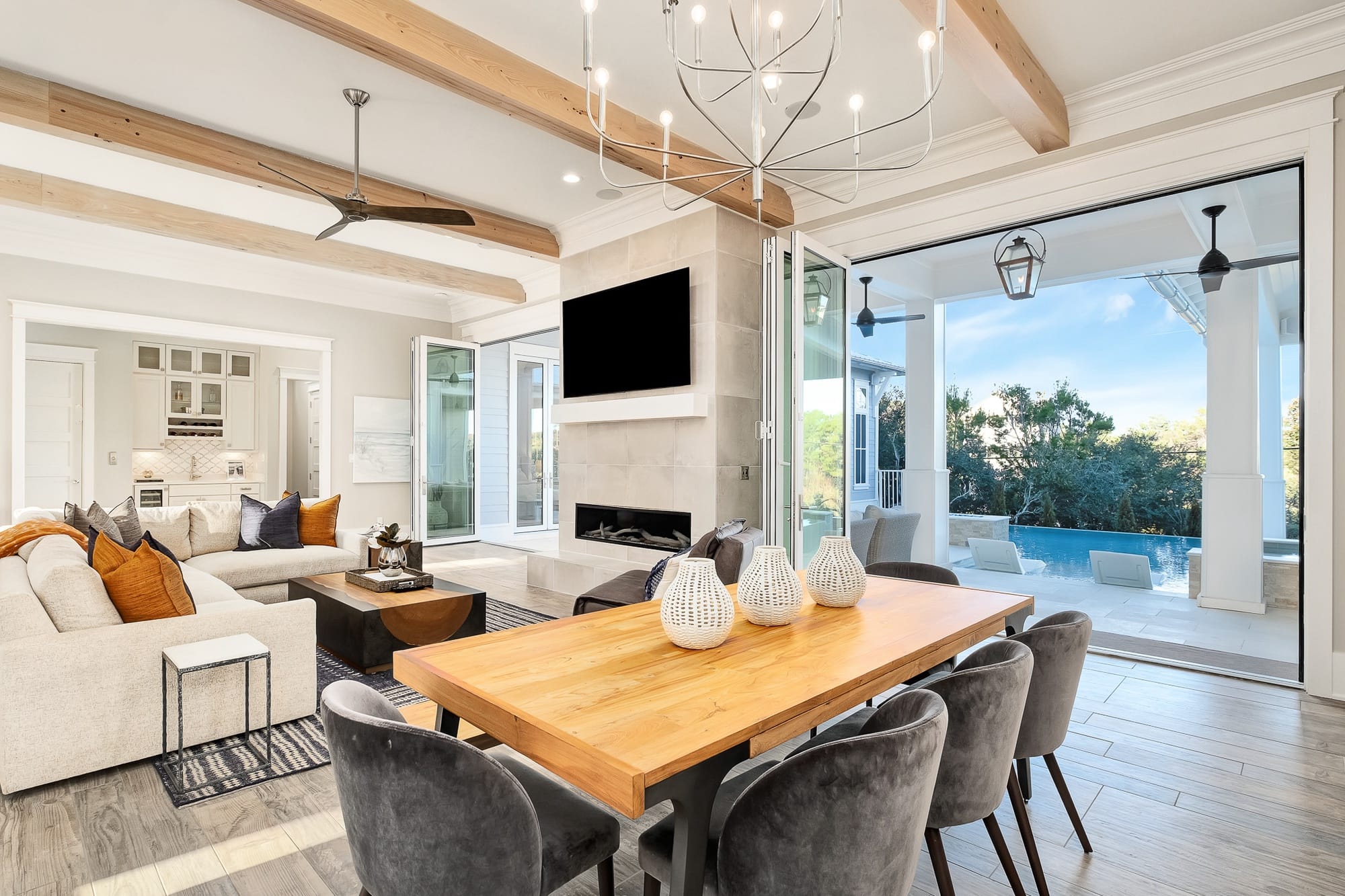 Modern open living room and patio.