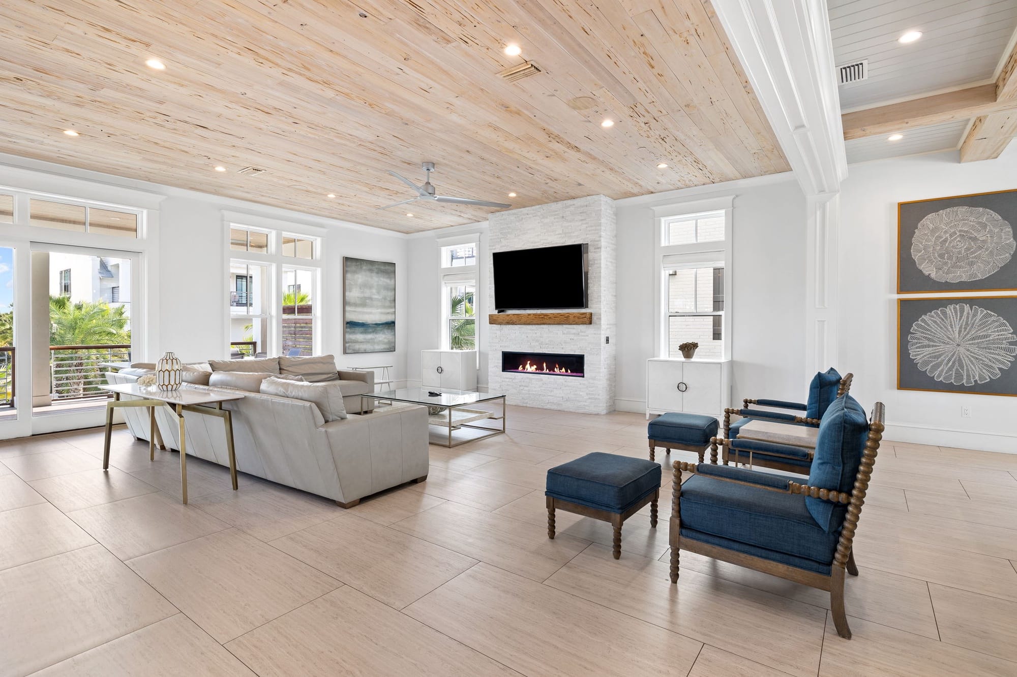 Spacious modern living room, fireplace.