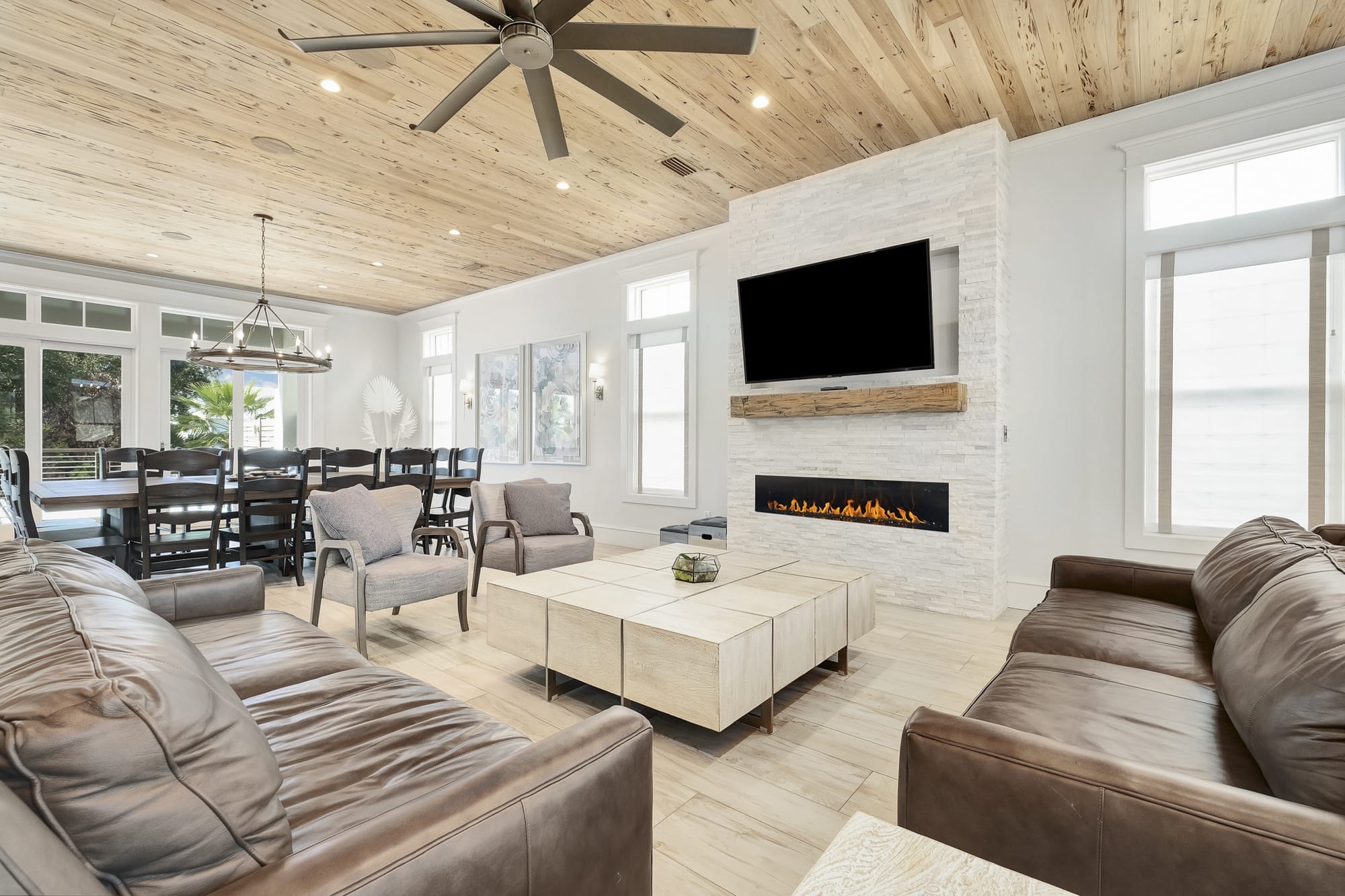 Modern living room with fireplace.