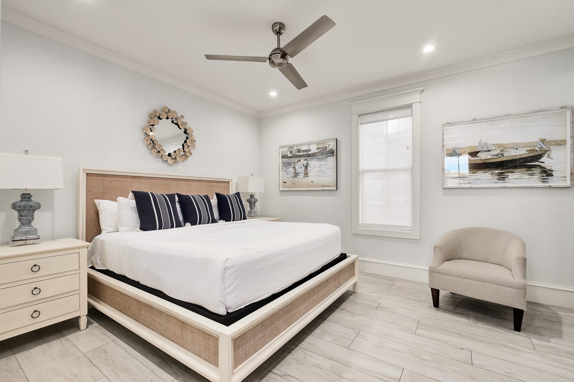 Modern bedroom with coastal decor.