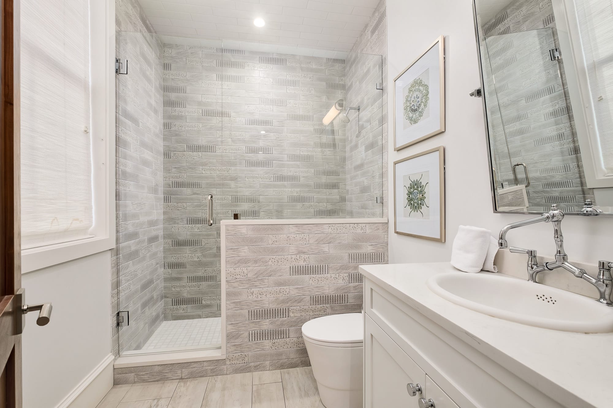 Modern white bathroom with shower.