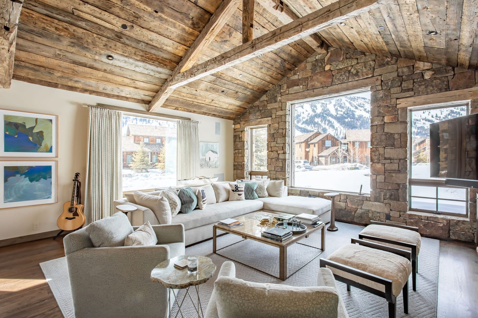 Rustic living room with mountain view.