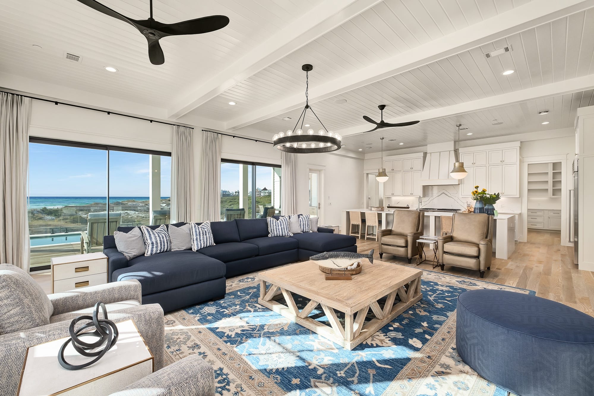 Spacious living room with ocean view.