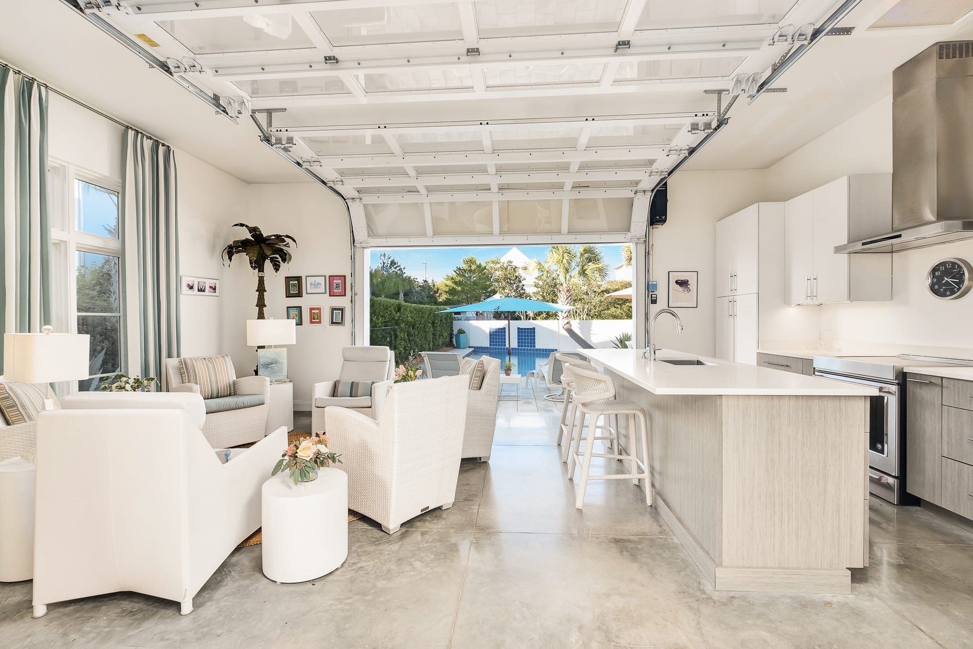 Modern kitchen and living room interior.