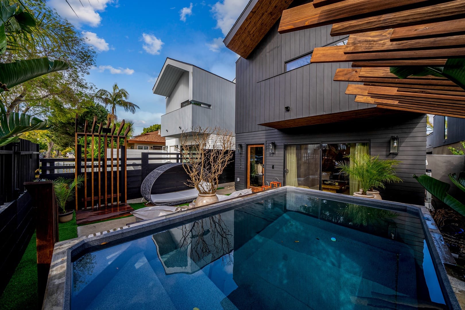 Modern house with pool and plants.