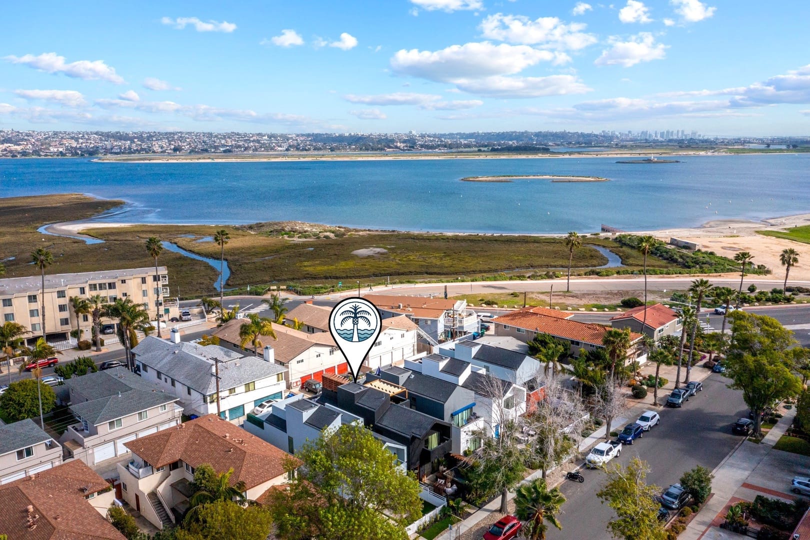 Aerial view of coastal neighborhood.