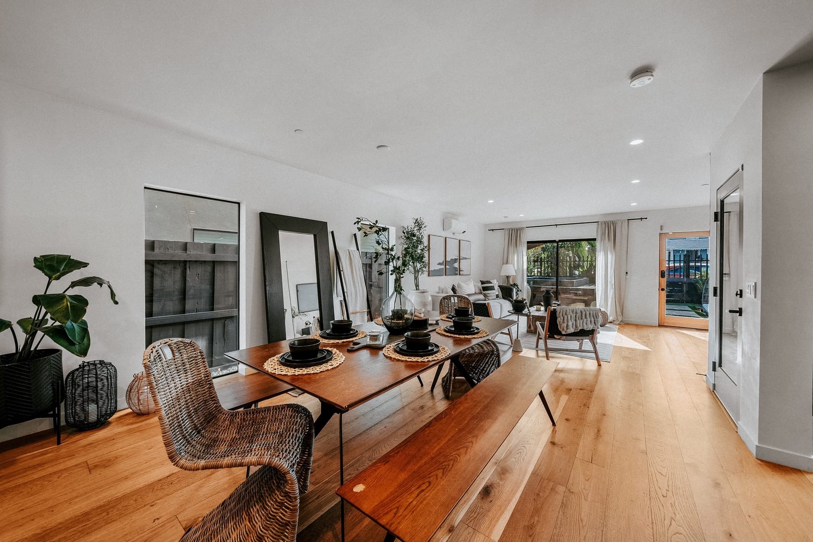 Modern dining and living room interior.