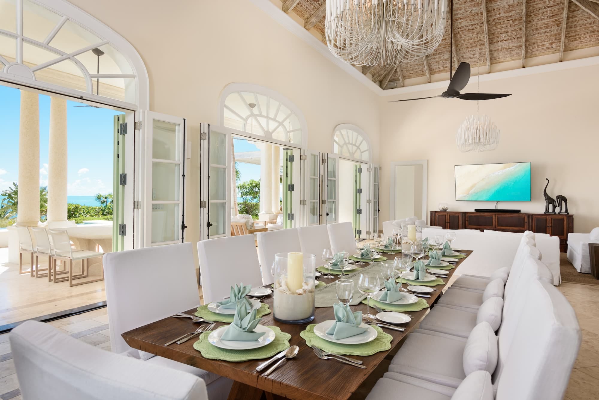 Elegant dining room with ocean view.