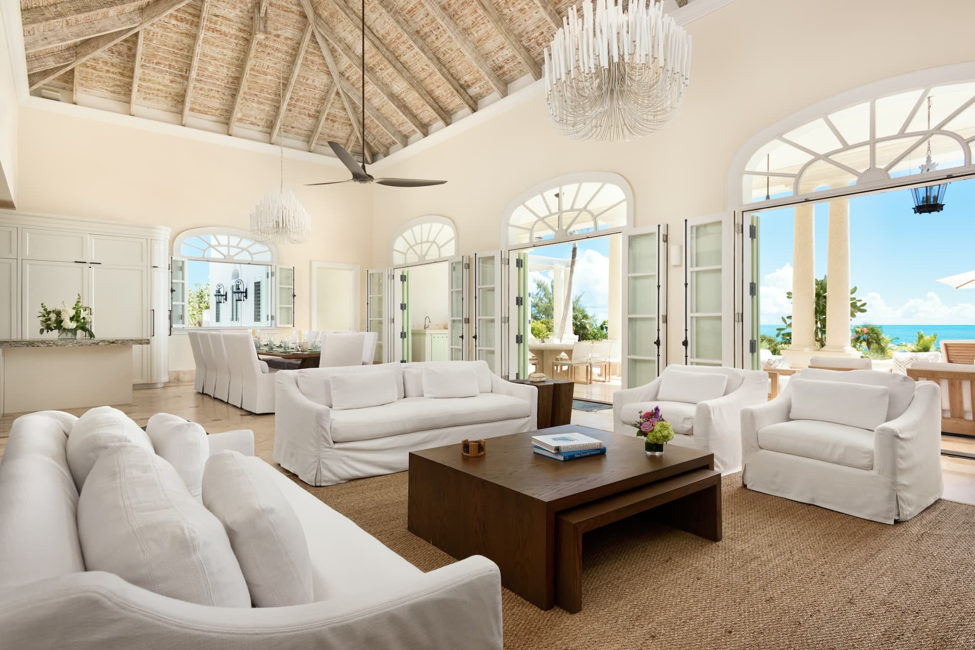 Spacious living room with ocean view.