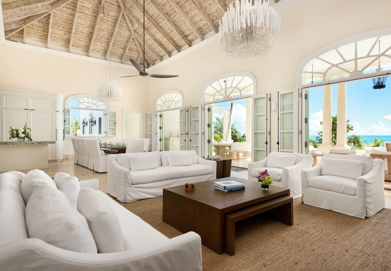 Luxury living room with ocean view.