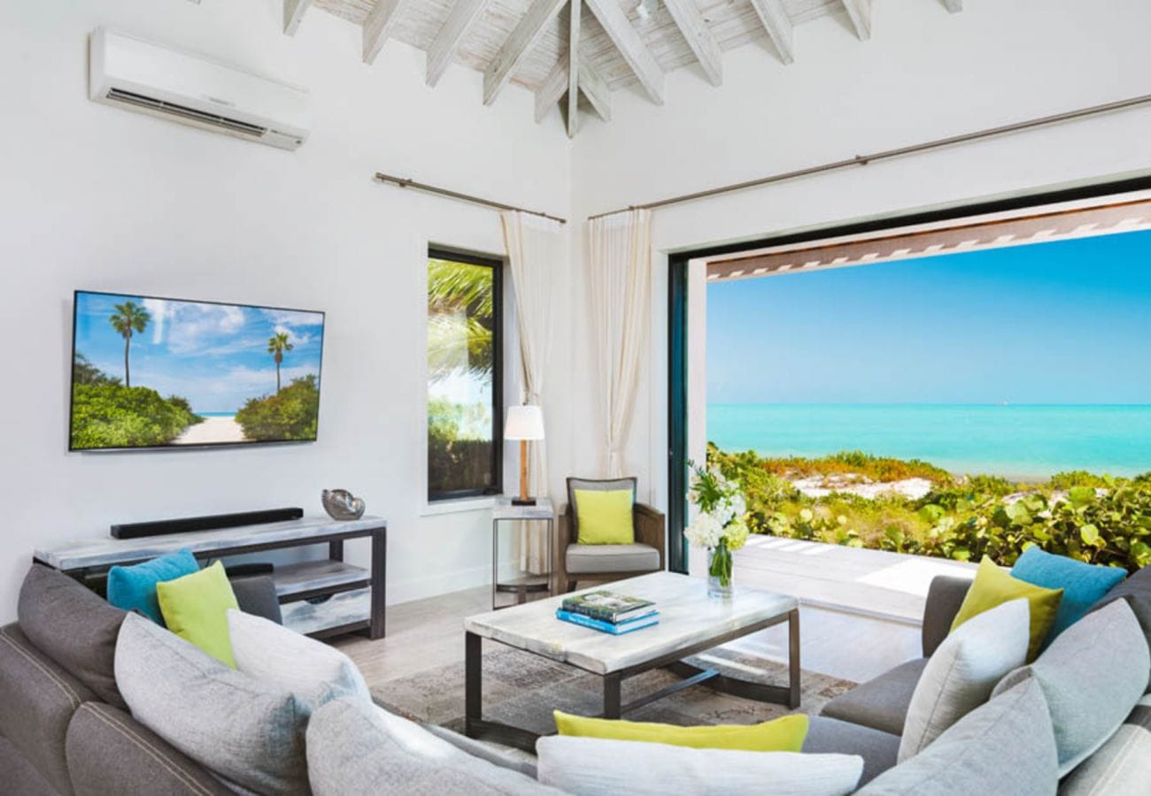 Bright living room with ocean view.