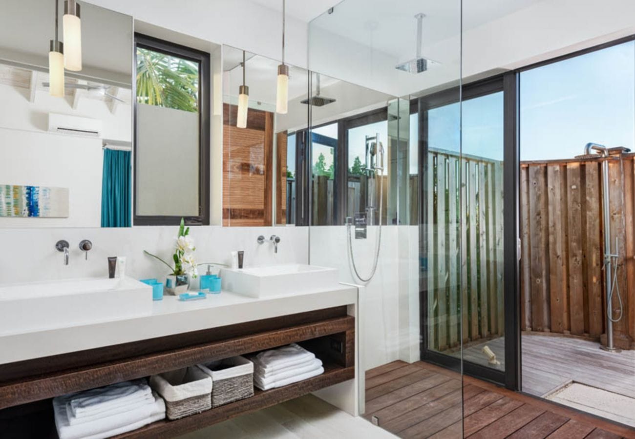 Modern bathroom with glass shower.