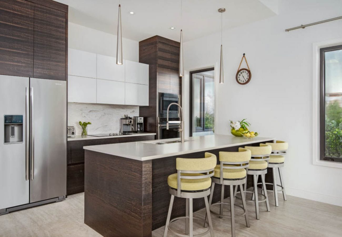 Modern kitchen with island seating.