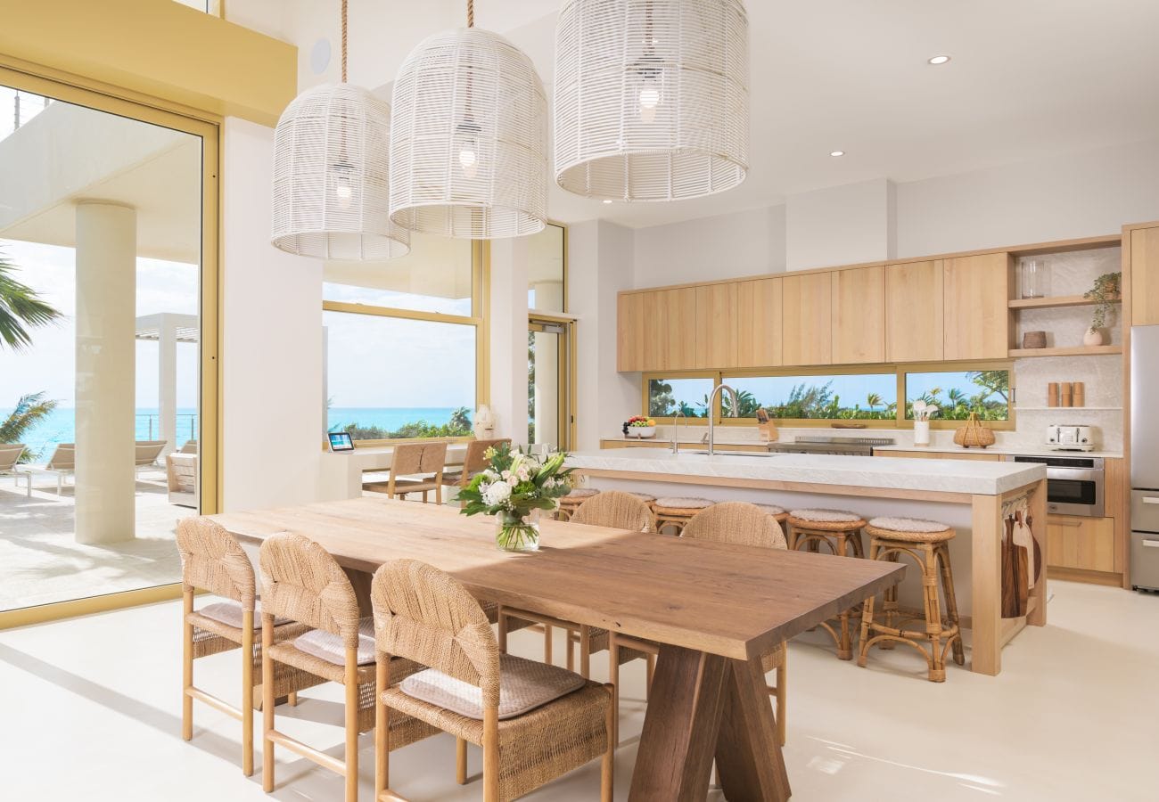 Coastal kitchen with wooden furniture.