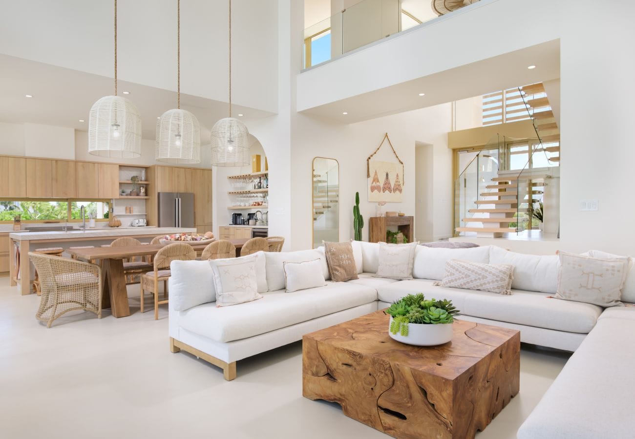 Modern living room with wooden elements.