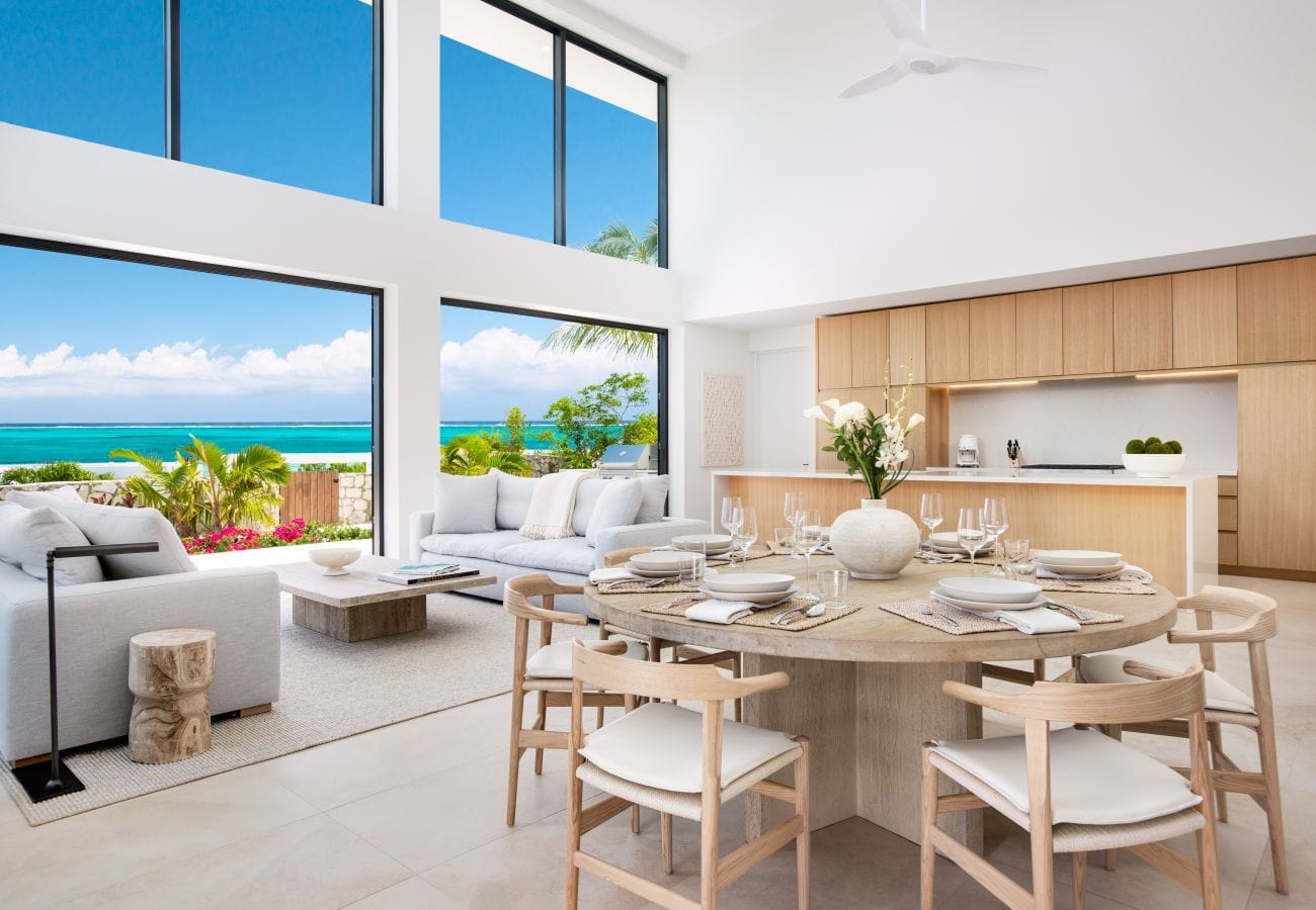 Modern coastal living room, ocean view.