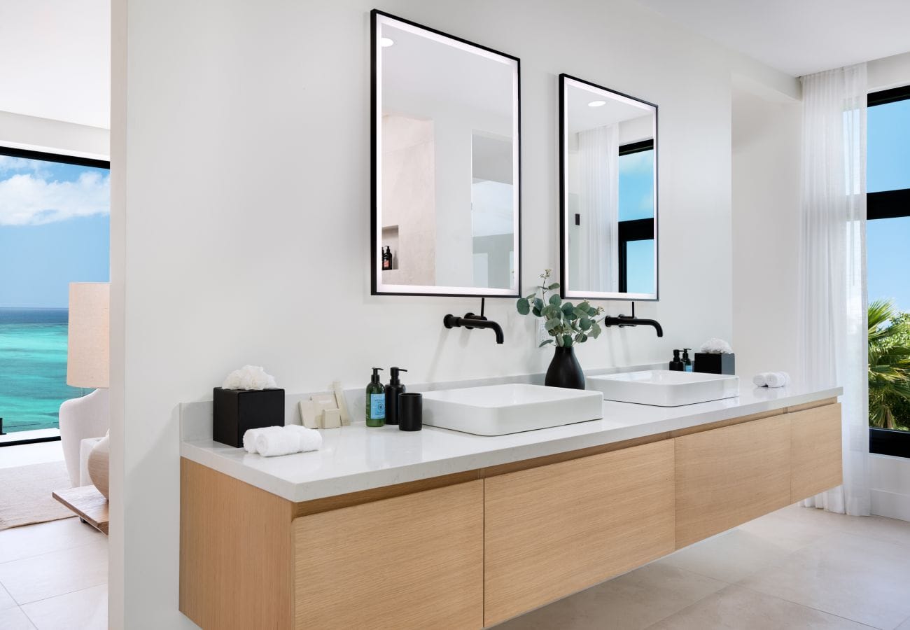 Modern bathroom with ocean view.