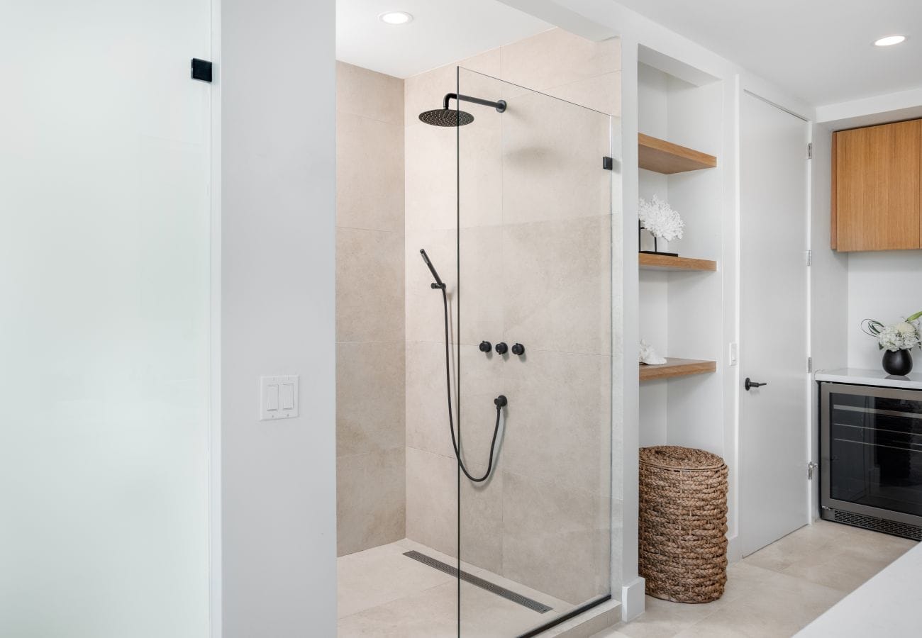 Modern bathroom with glass shower.