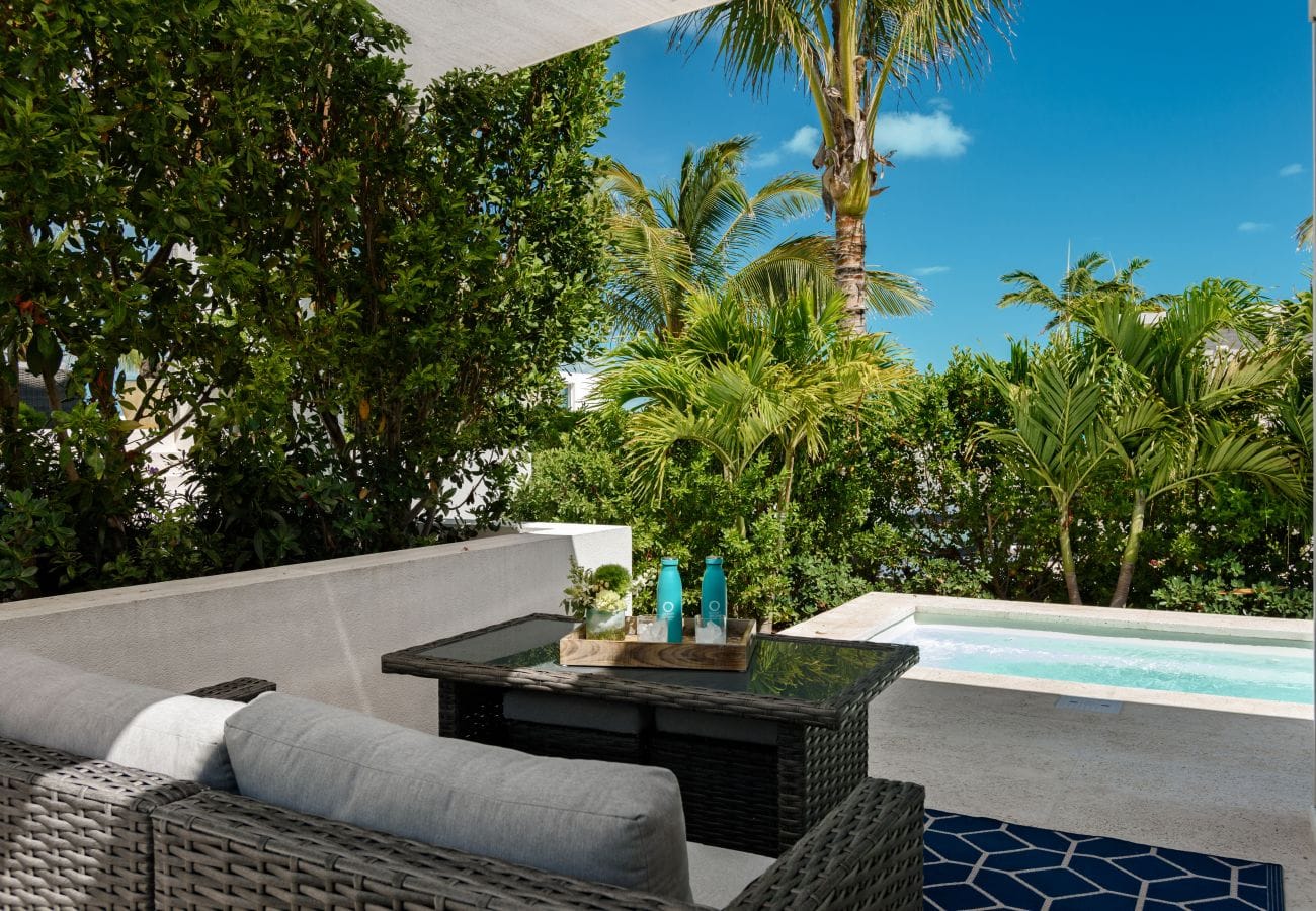 Patio with pool and palm trees.