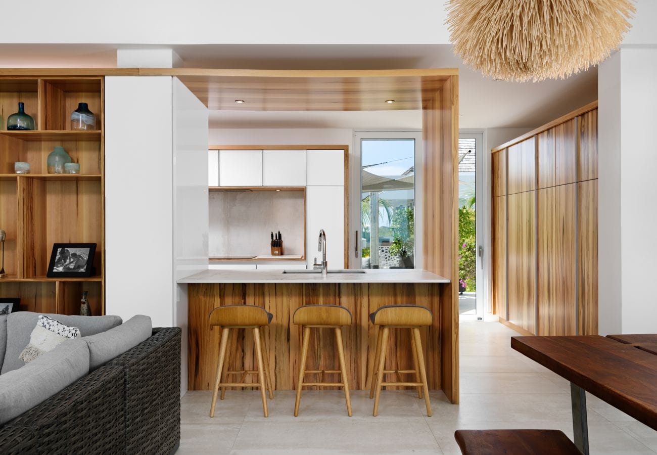 Modern kitchen with wooden accents.