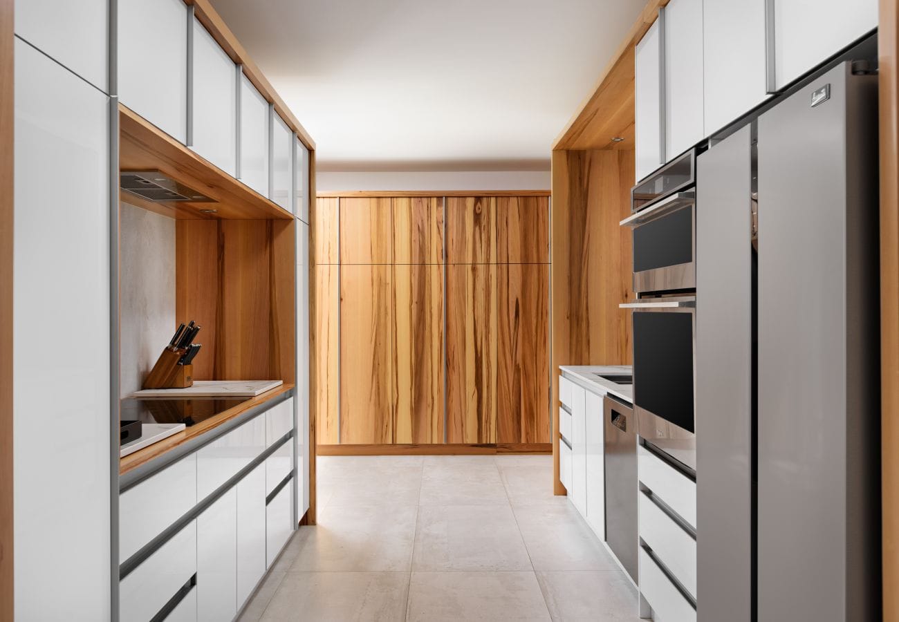 Modern kitchen with wooden accents.