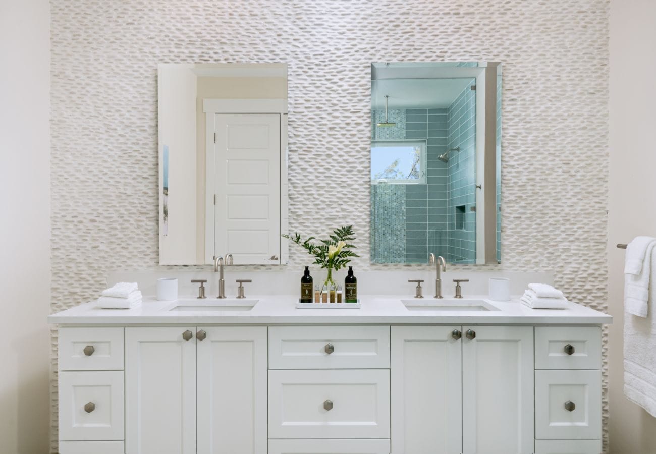 Modern bathroom double vanity sinks.