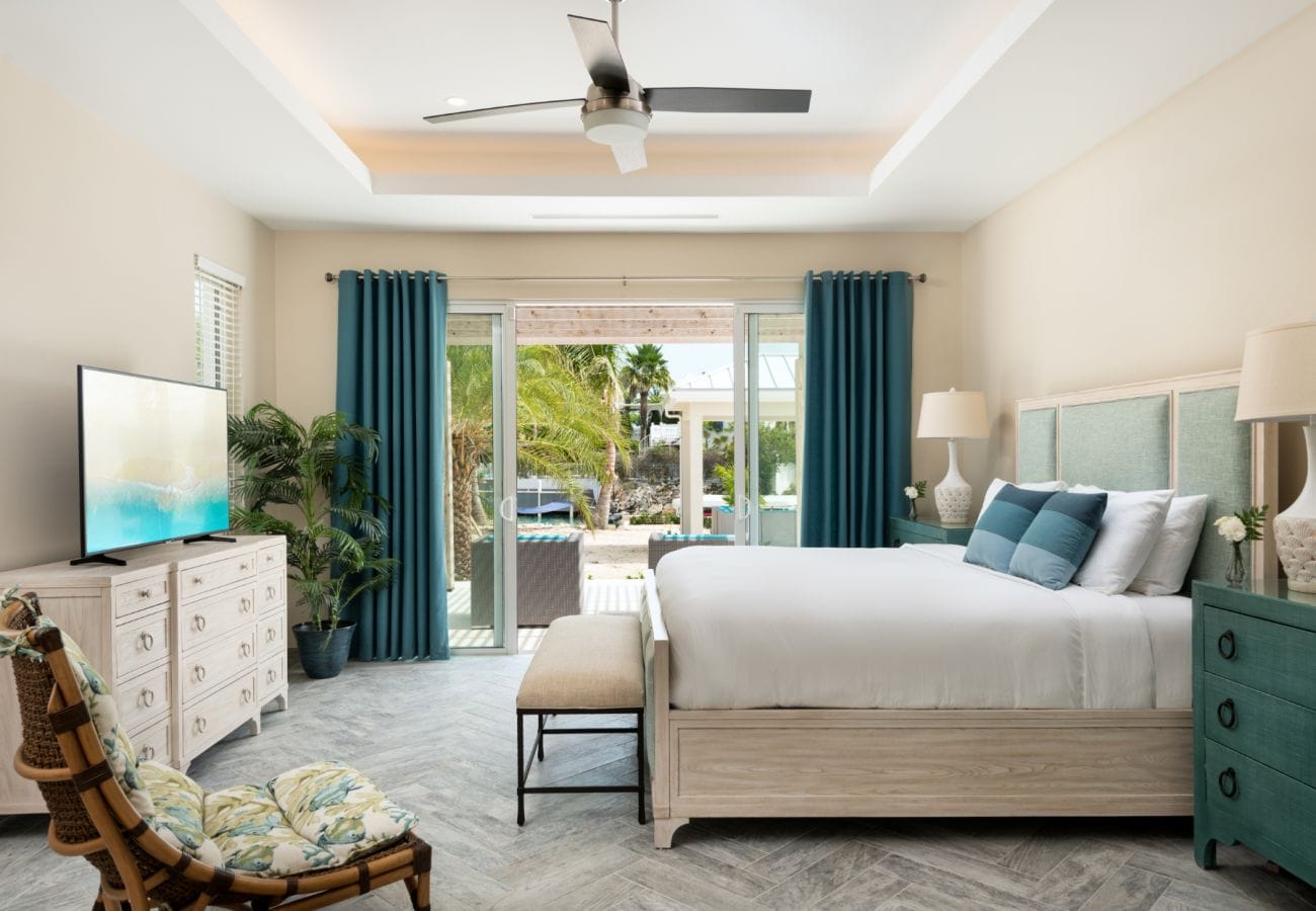 Bright bedroom with sliding doors.