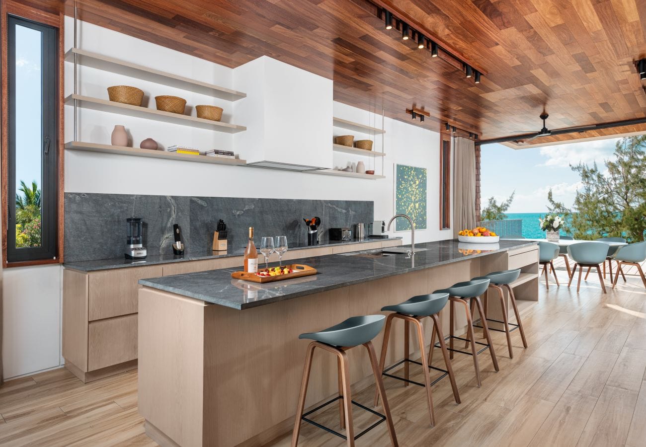 Modern kitchen with ocean view.