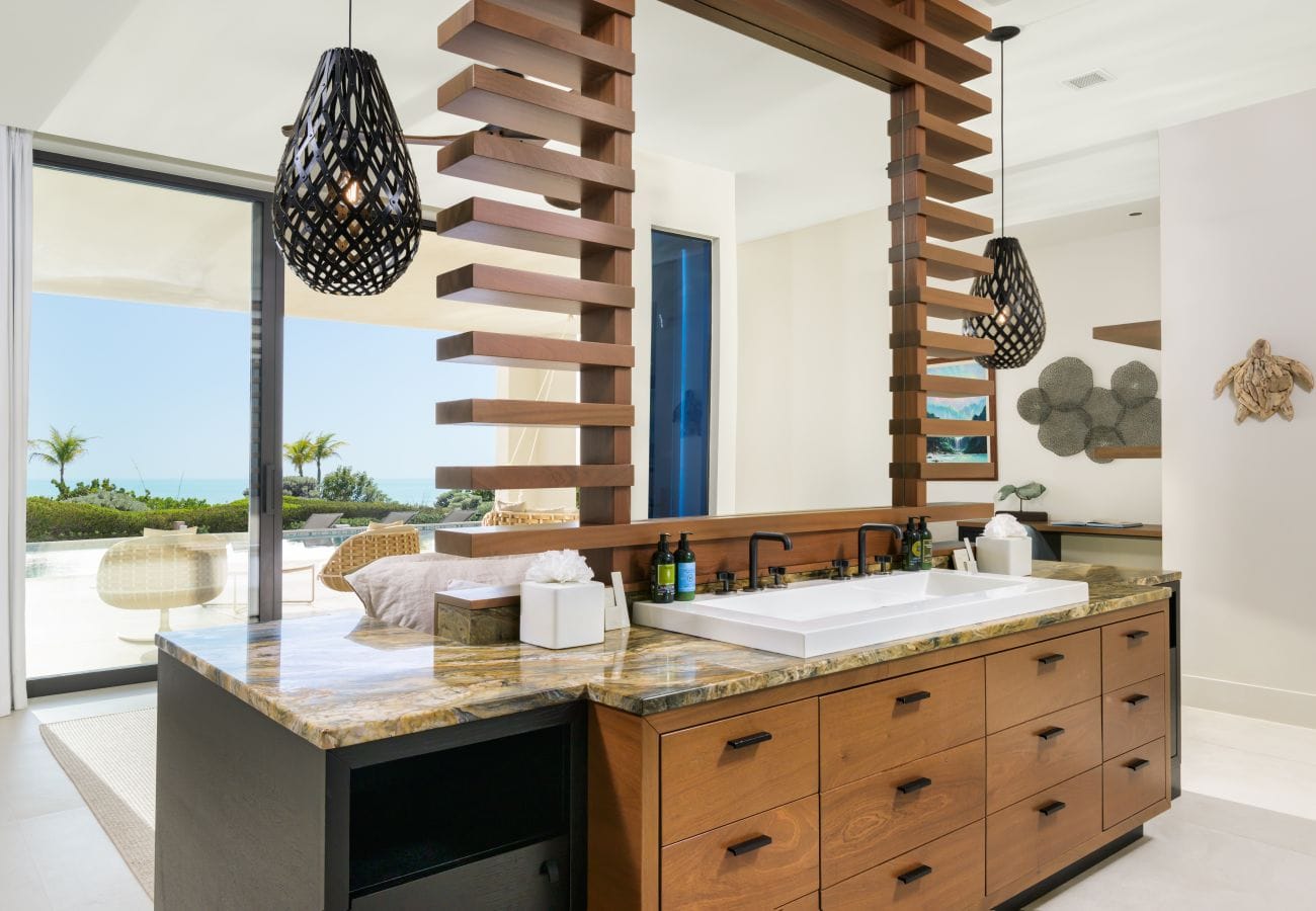 Modern bathroom with ocean view.