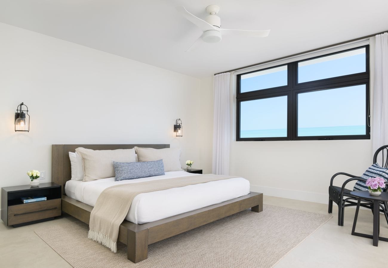 Minimalist bedroom with ocean view.