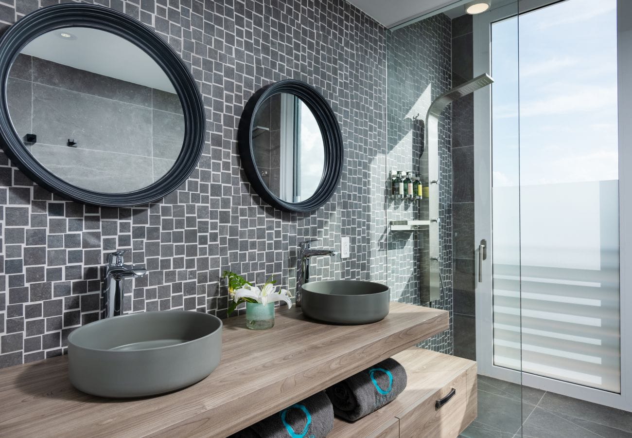 Modern bathroom with vessel sinks.