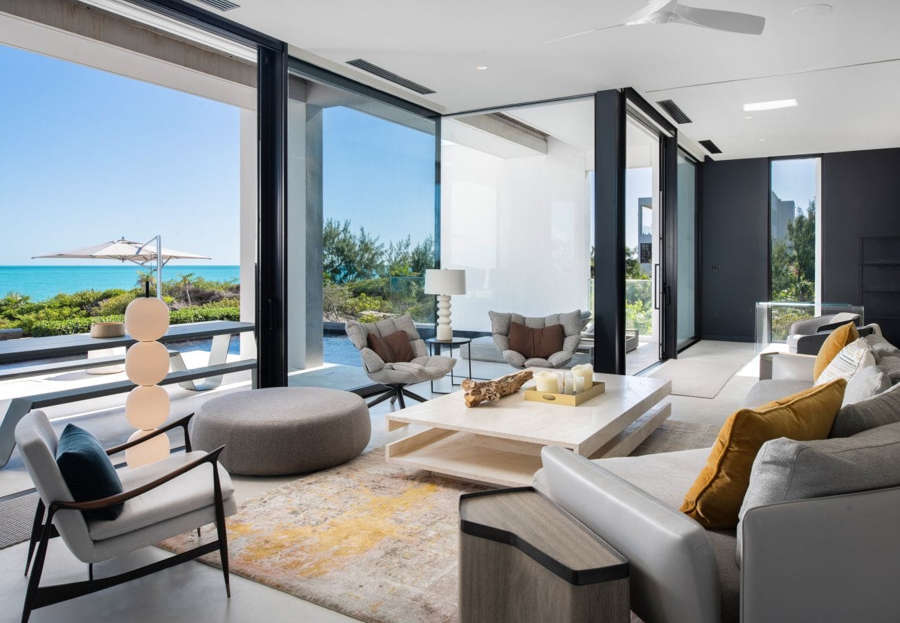 Modern living room with ocean view.