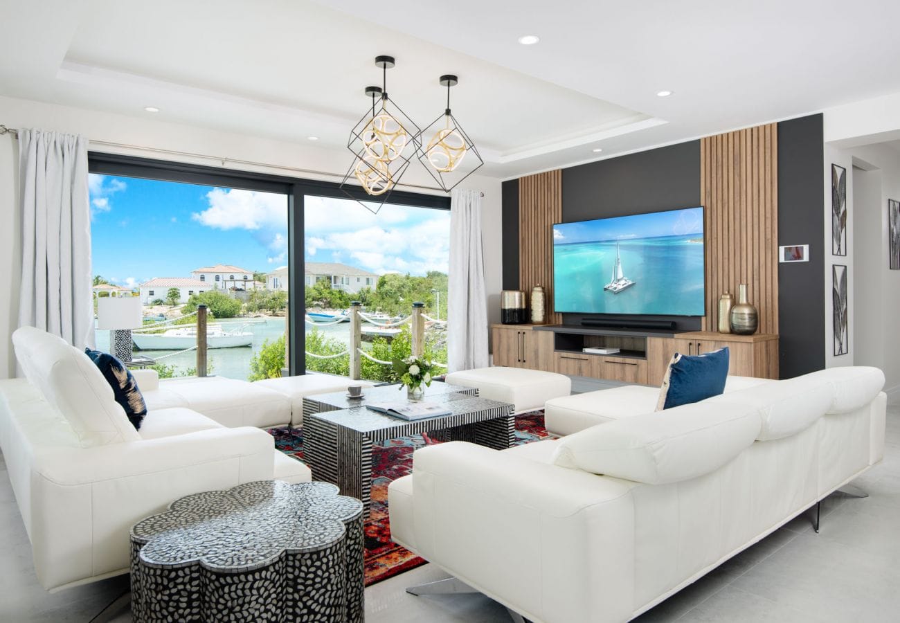 Modern living room with ocean view.