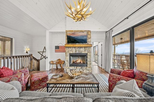 Rustic living room with stone fireplace.