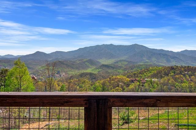 Mountain view from wooden deck.