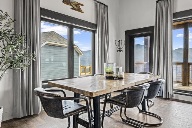 Modern dining room with mountain view.