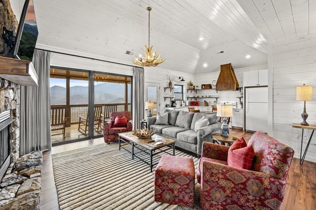 Rustic living room with mountain view.